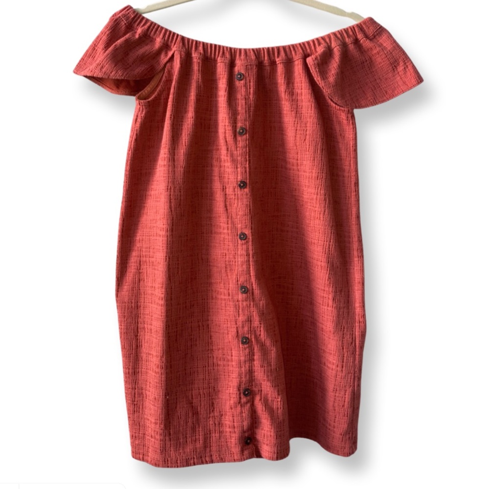 MADEWELL Rust Orange Buttoned Shift Off the Shoulder Shift Dress